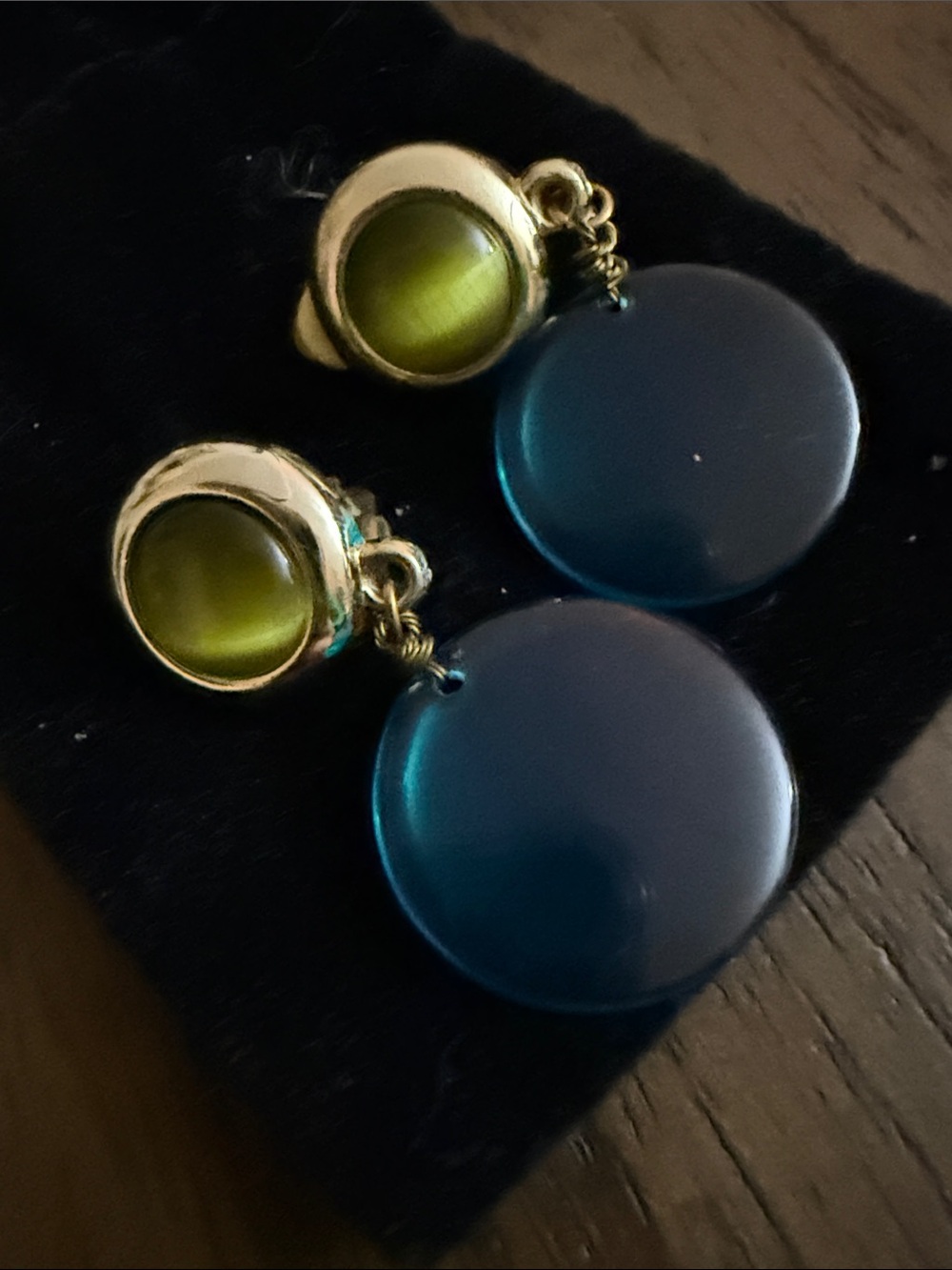Gold-Tone clip-on Earrings with Olive Green and Teal Discs